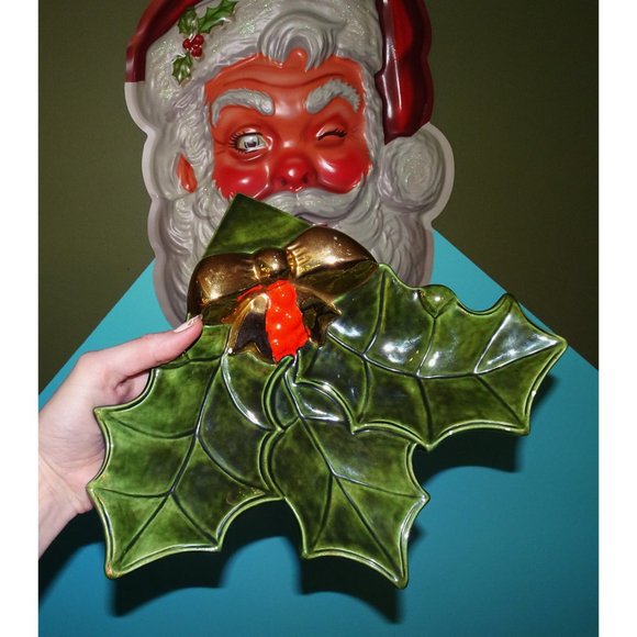 Vintage Ceramic Holly Serving Dish mcm Christmas candy dish retro 1970s - Picture 4 of 12